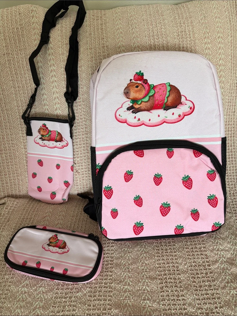 Pink Capybara Strawberry Backpack Set Water Bottle bag Pencil Case NEW!